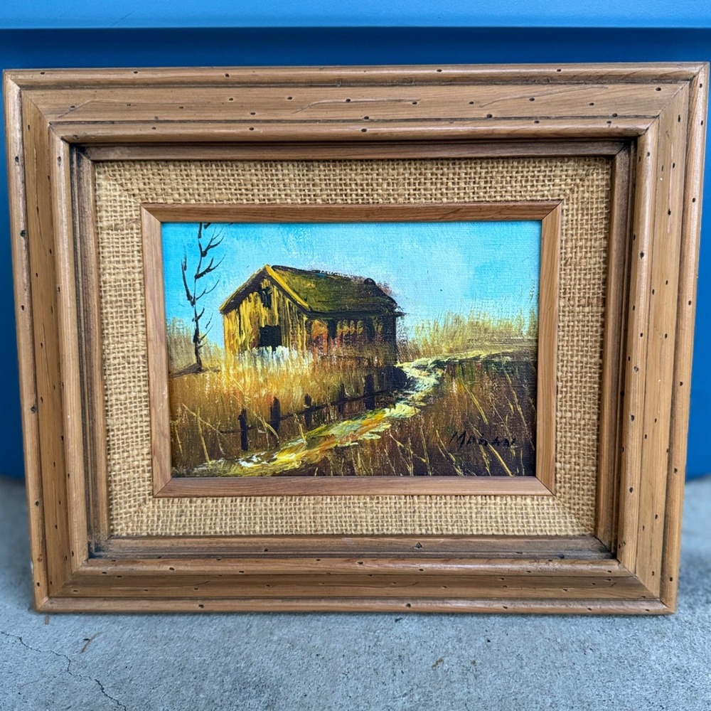 Vintage M Moore Signed Original Oil Painting Rustic Barn Landscape Wood Frame